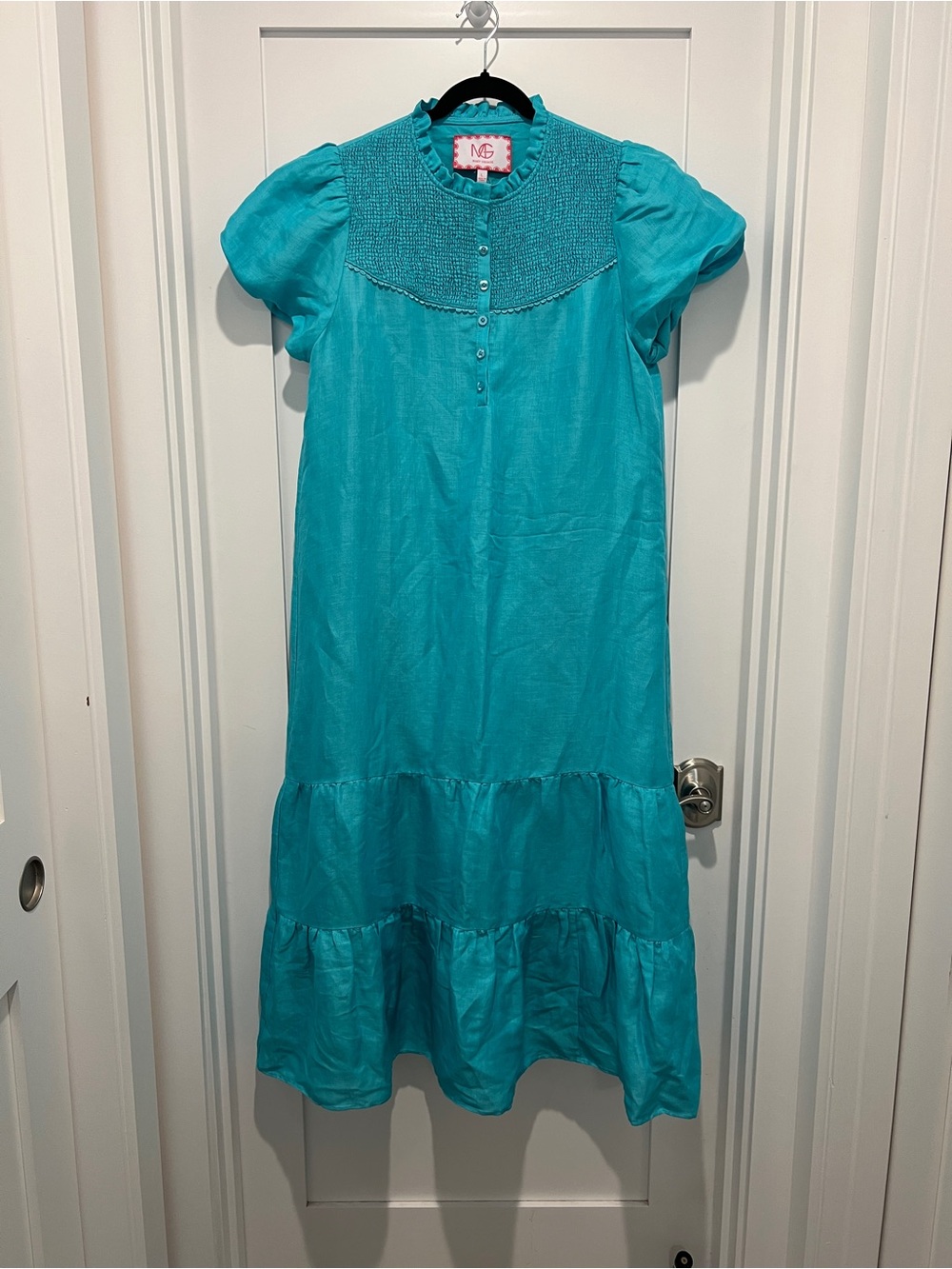 Mary George Women's Teal Smocked Yoke Tiered Casual Dress Large